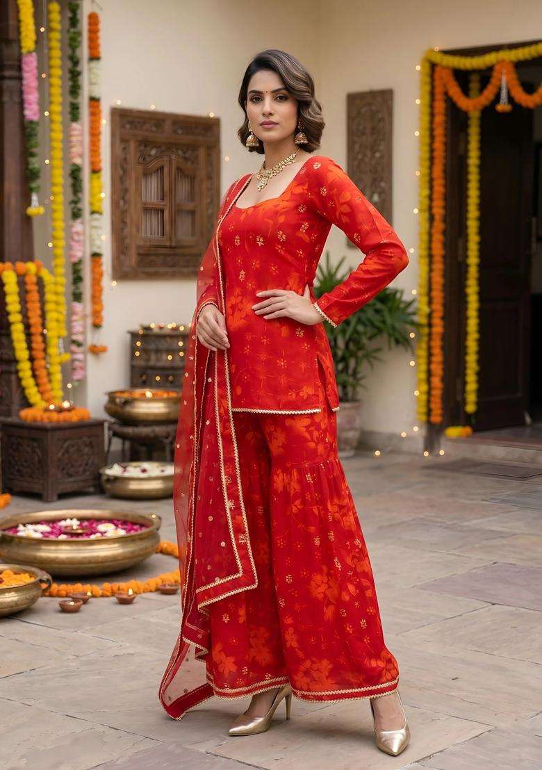Red Printed Viscose Sharara Set - Indya