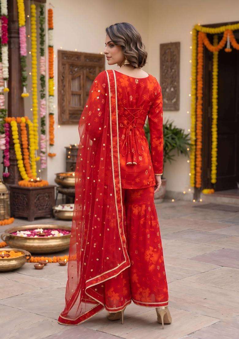 Red Printed Viscose Sharara Set - Indya