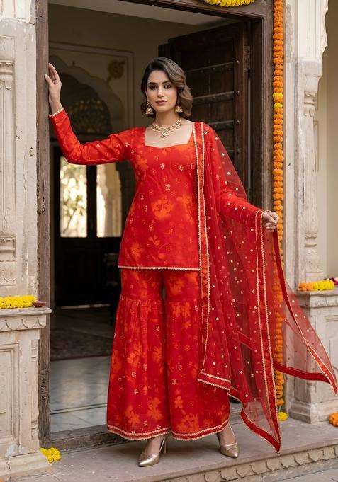 Red Printed Viscose Sharara Set