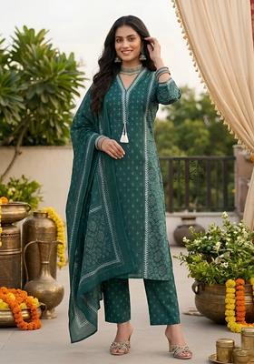 Green Printed Cotton Kurta Set