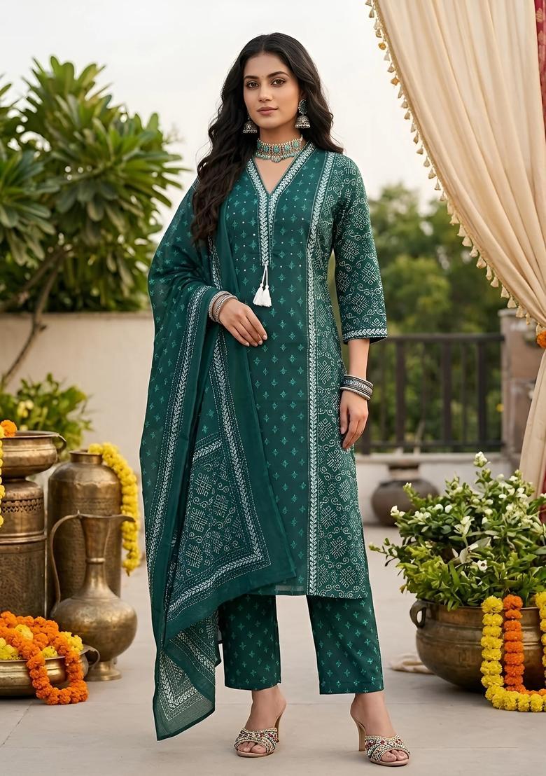 Green Printed Cotton Kurta Set - Indya