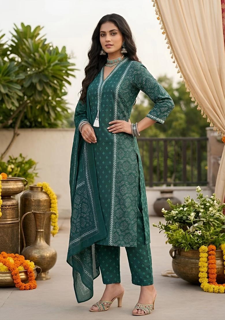 Green Printed Cotton Kurta Set - Indya