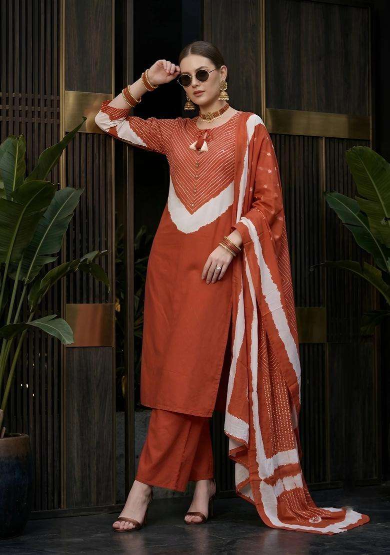 Rust Printed Cotton Palazzo Set - Indya
