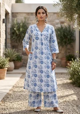 Off White Printed Cotton Co Ords Set