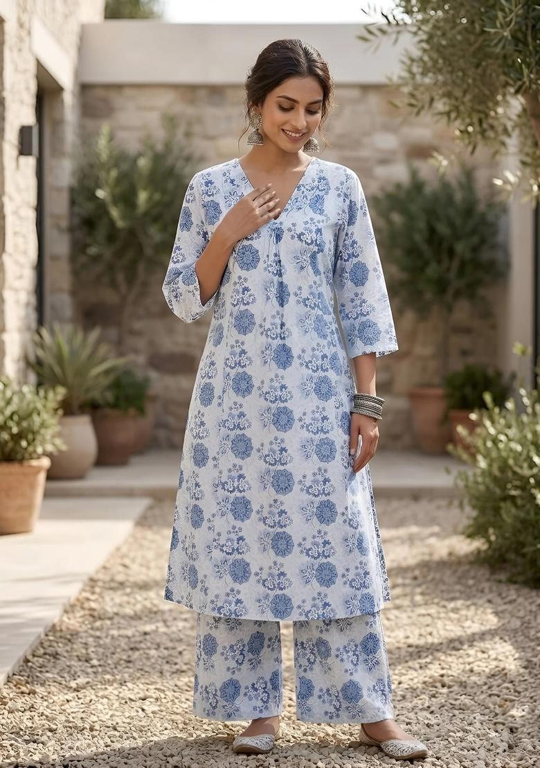 Off White Printed Cotton Co Ords Set - Indya