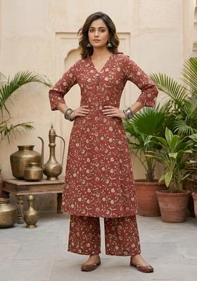 Maroon Printed Cotton Co Ords Set