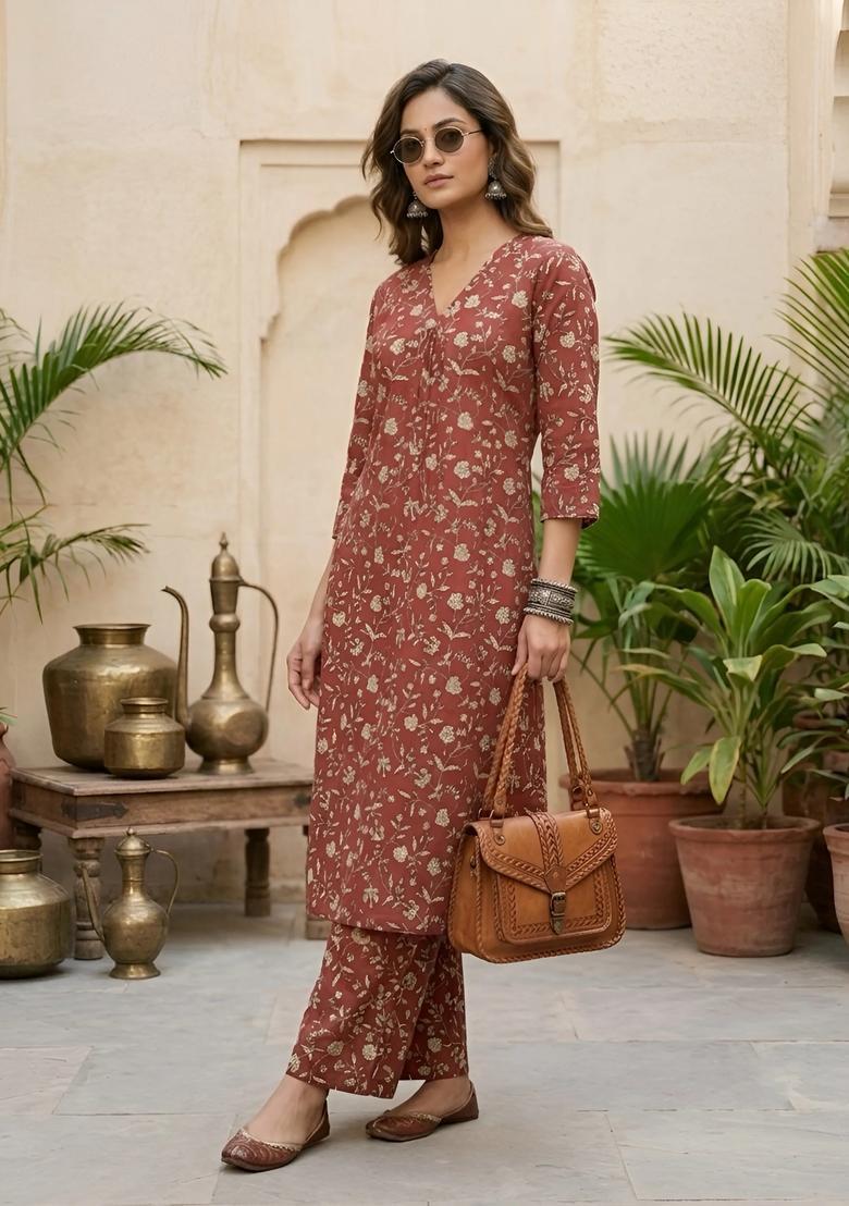 Maroon Printed Cotton Co Ords Set - Indya