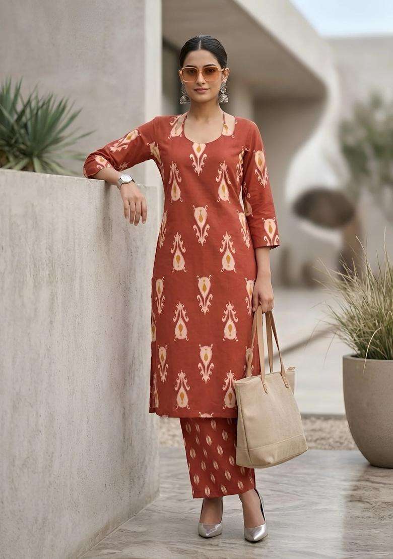 Rust Printed Cotton Palazzo Set - Indya