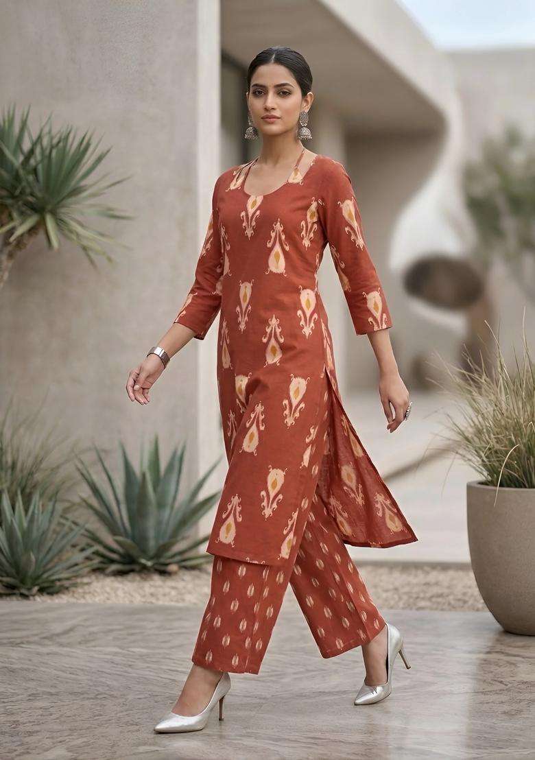 Rust Printed Cotton Palazzo Set - Indya