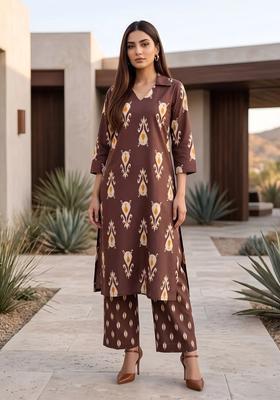 Brown Printed Cotton Co Ords Set