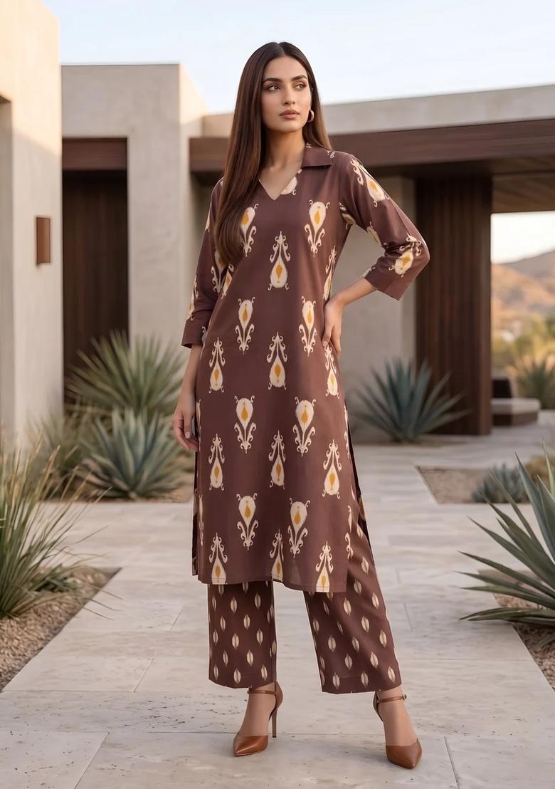 Brown Printed Cotton Co Ords Set - Indya