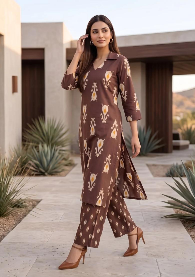 Brown Printed Cotton Co Ords Set - Indya