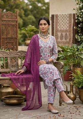 Off White Printed Cotton Kurta Set