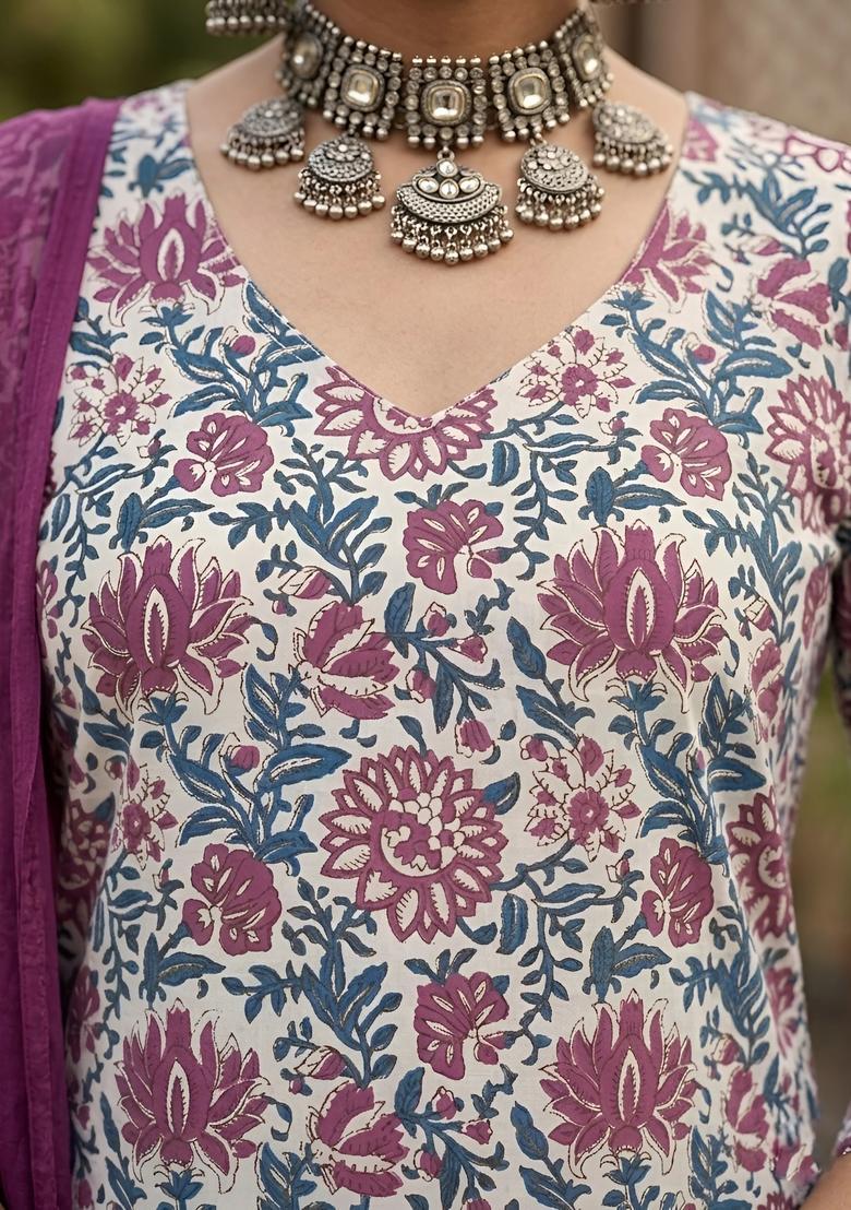 Off White Printed Cotton Kurta Set - Indya