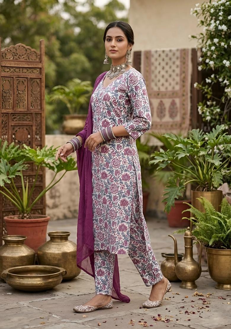 Off White Printed Cotton Kurta Set - Indya