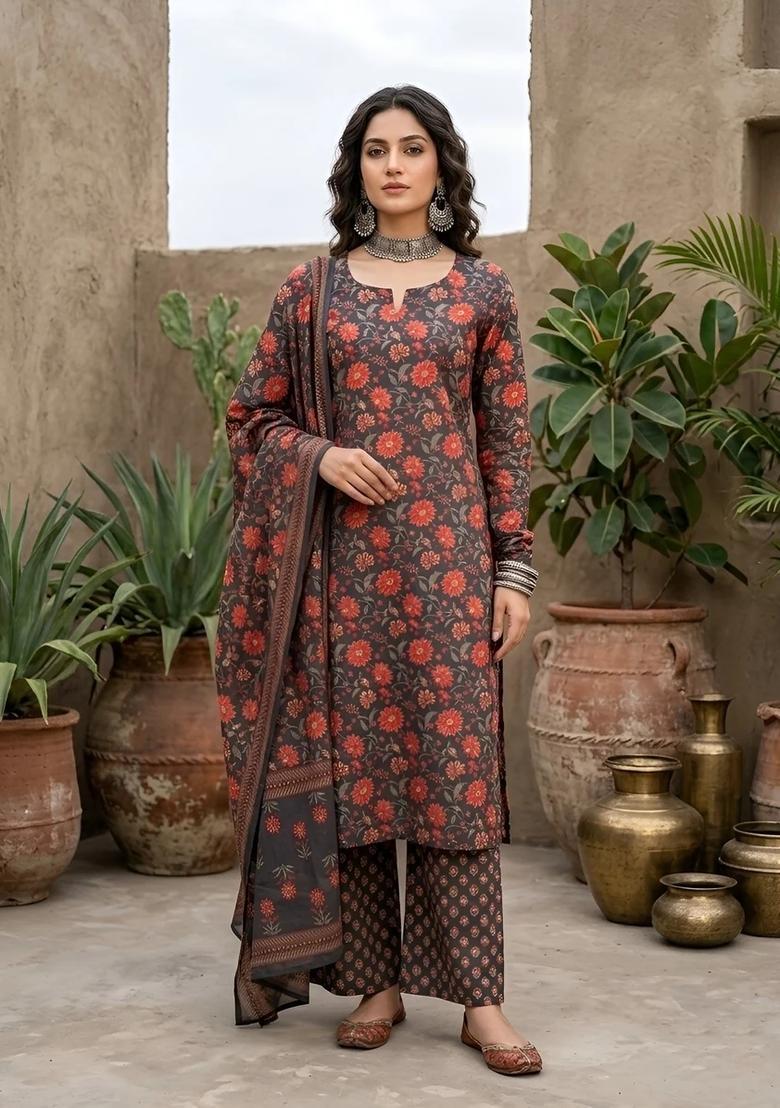 Black Printed Cotton Kurta Set - Indya
