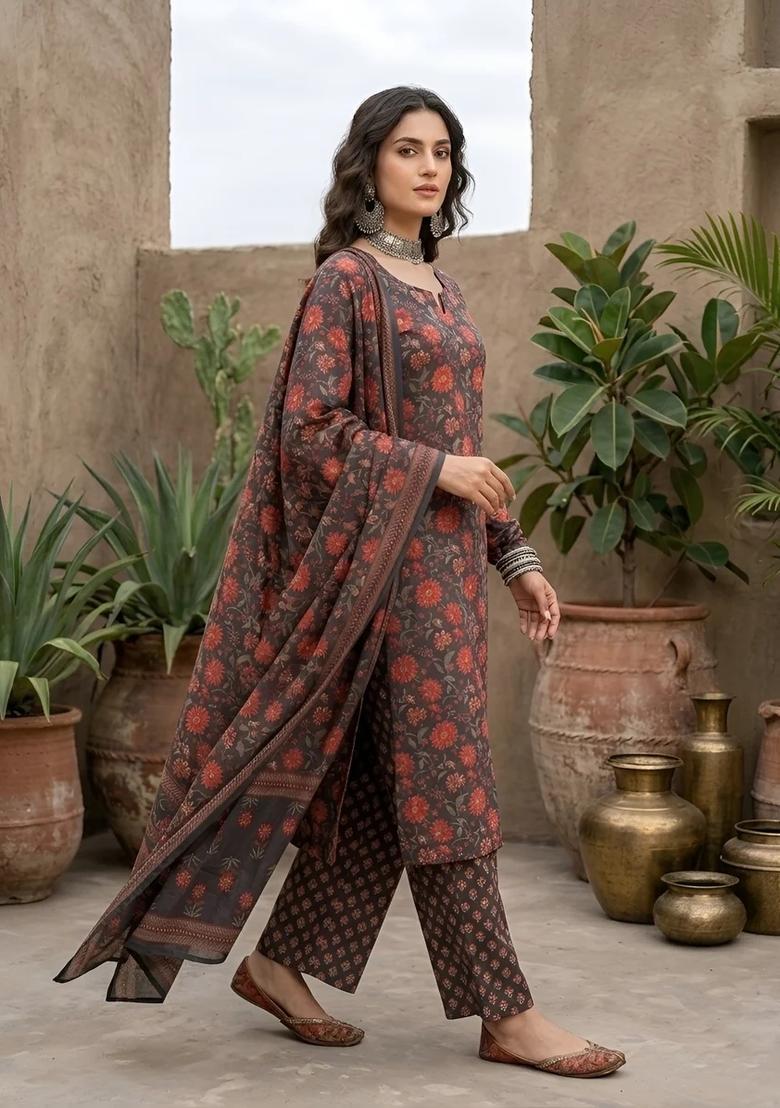 Black Printed Cotton Kurta Set - Indya