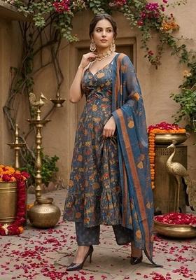 Teal Printed Cotton Kurta Set