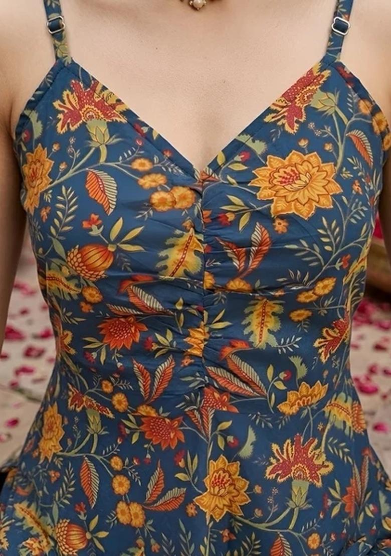 Teal Printed Cotton Kurta Set - Indya