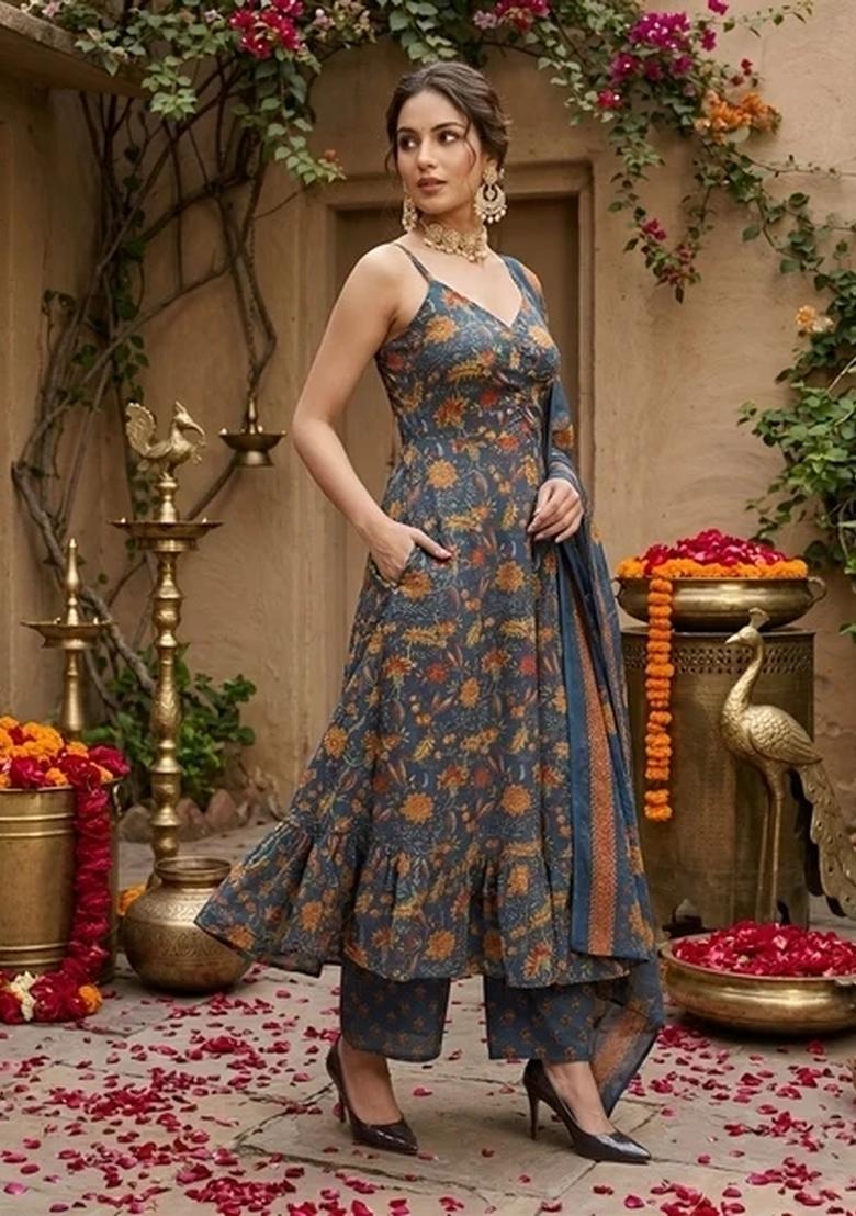 Teal Printed Cotton Kurta Set - Indya