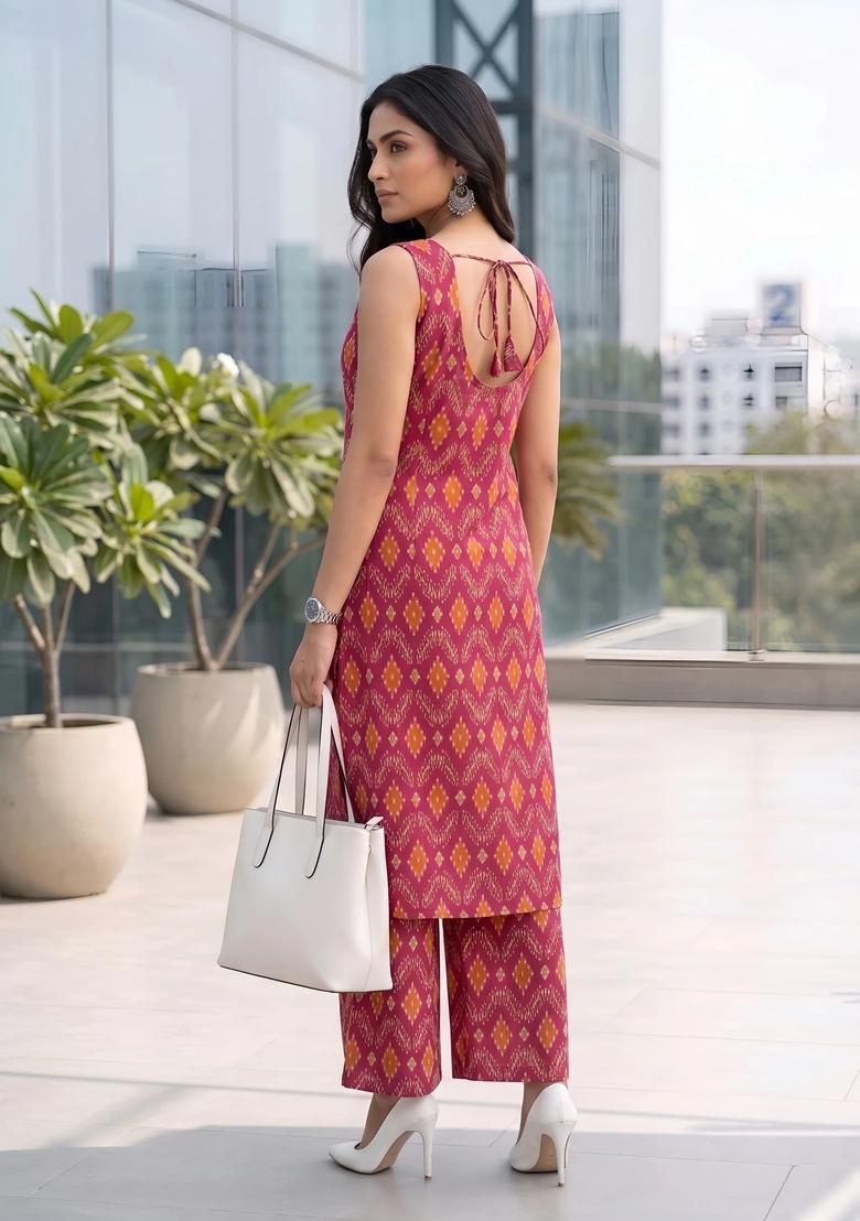 Pink Printed Cotton Co Ords Set - Indya