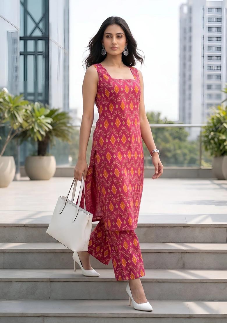 Pink Printed Cotton Co Ords Set - Indya
