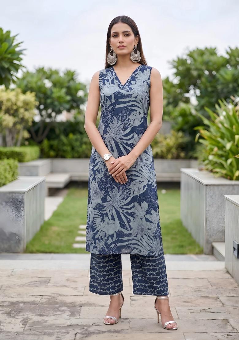 Blue Floral Print Cotton Co Ords Set - Indya