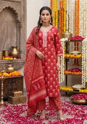 Red Printed Cotton Kurta Set