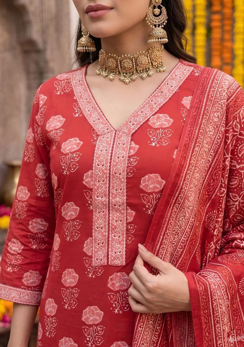 Red Printed Cotton Kurta Set - Indya