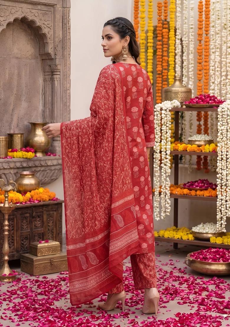 Red Printed Cotton Kurta Set - Indya