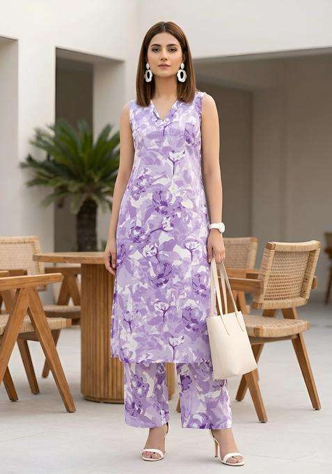Purple Printed Cotton Co Ords Set