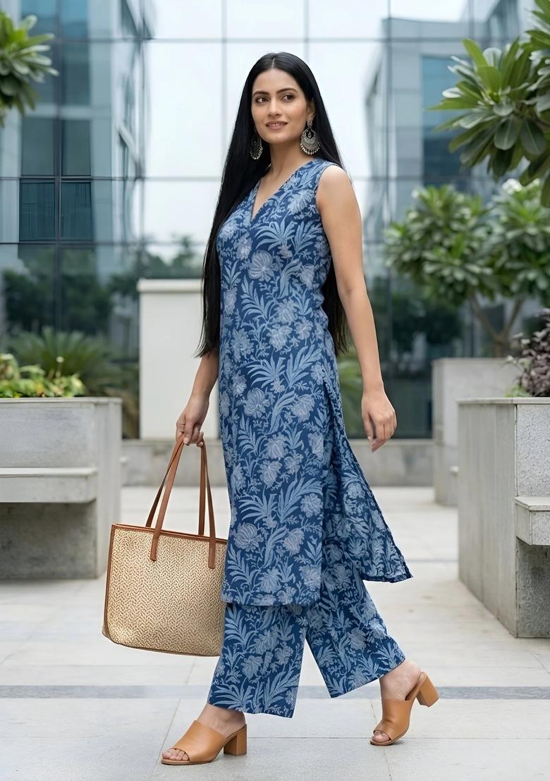 Blue Printed Cotton Co Ords Set - Indya