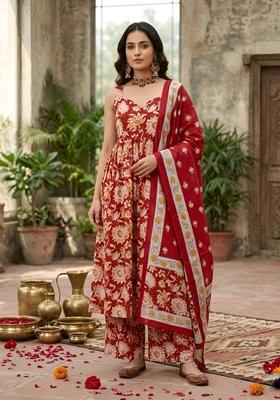 Red Printed Cotton Kurta Set