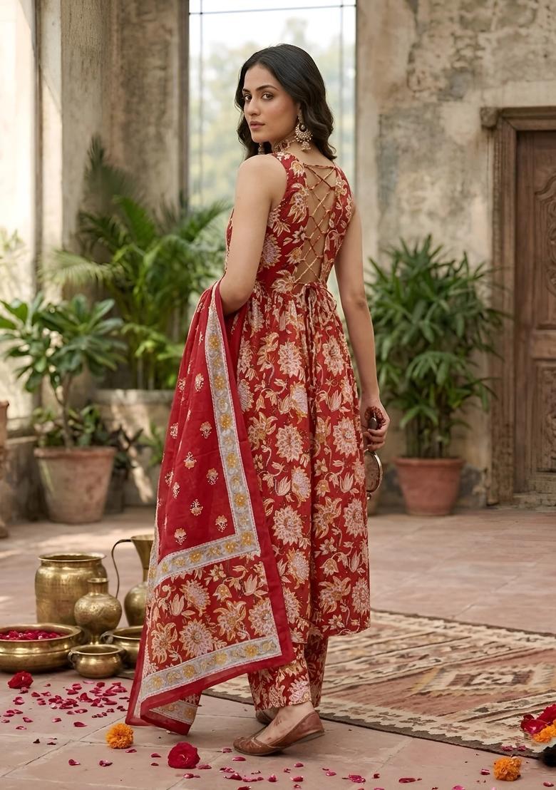 Red Printed Cotton Kurta Set - Indya