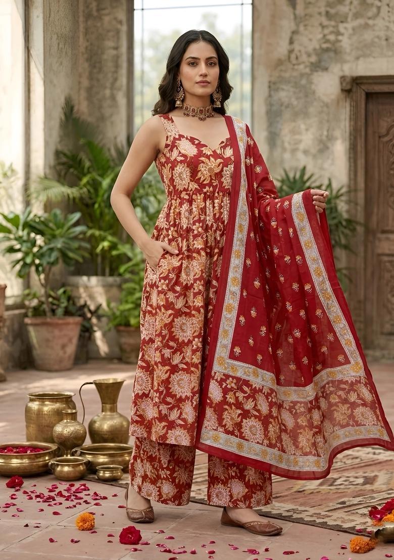 Red Printed Cotton Kurta Set - Indya