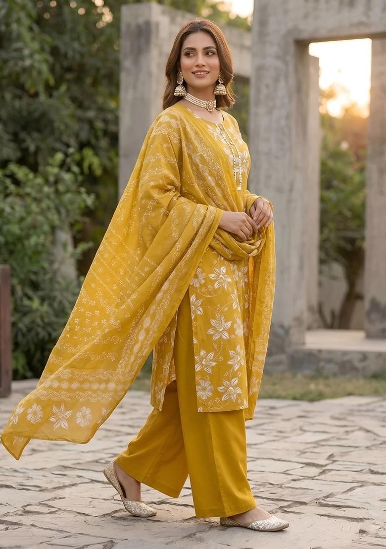 Yellow Printed Cotton Palazzo Set - Indya