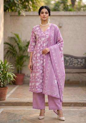 Lavender Printed Cotton Kurta Set