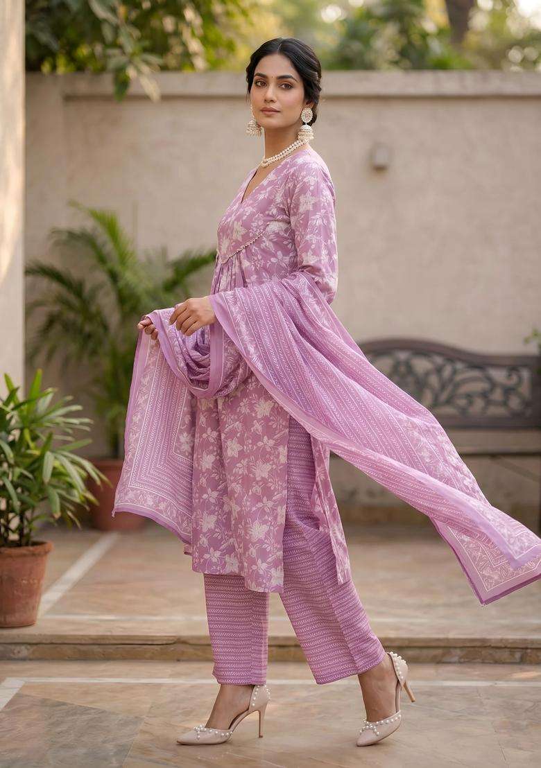 Lavender Printed Cotton Kurta Set - Indya