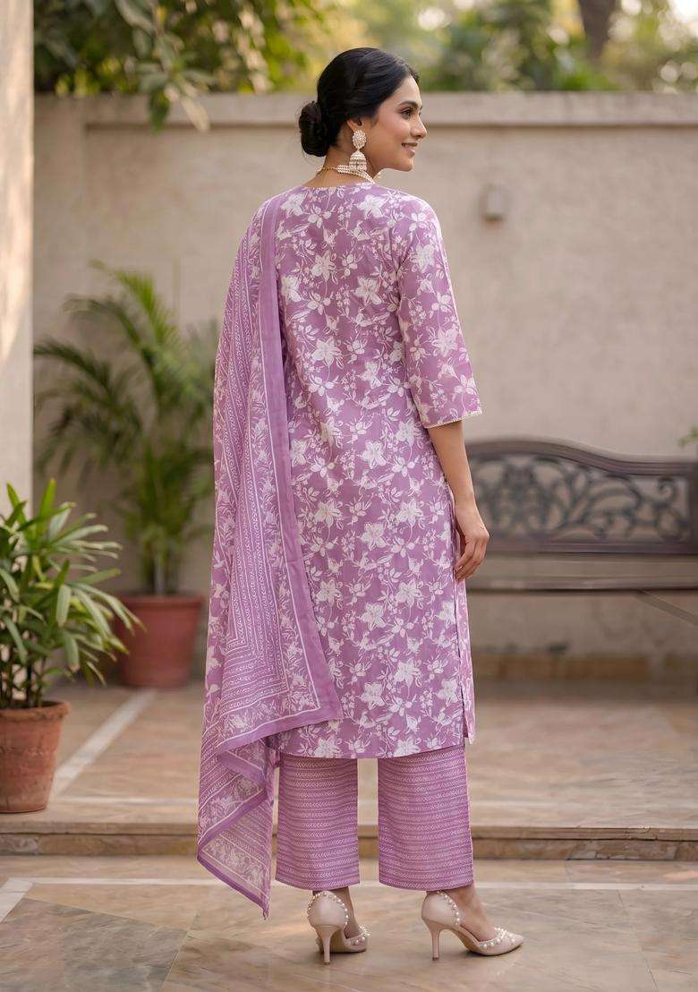 Lavender Printed Cotton Kurta Set - Indya