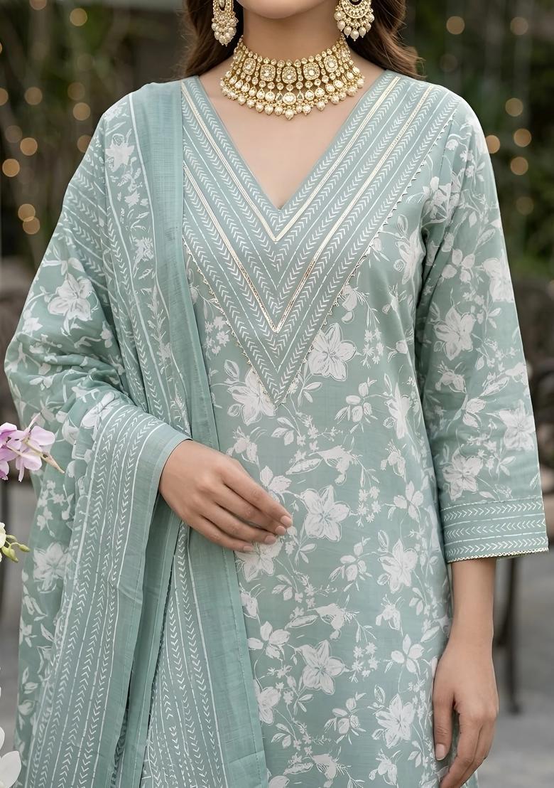 Green Printed Silk Palazzo Set - Indya