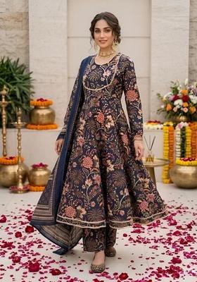 Navy Blue Printed Cotton Kurta Set