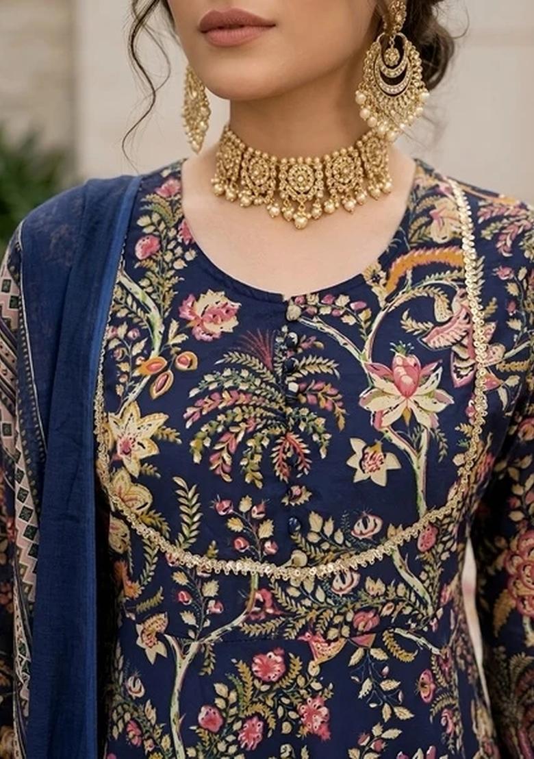 Navy Blue Printed Cotton Kurta Set - Indya
