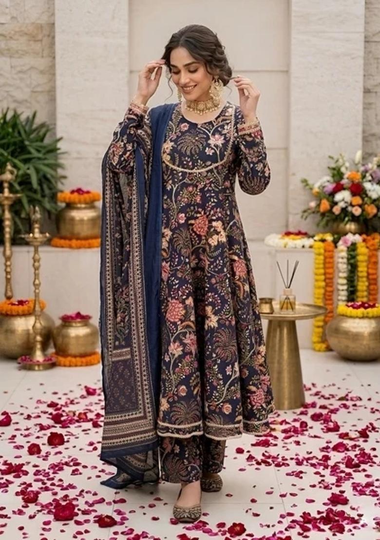 Navy Blue Printed Cotton Kurta Set - Indya
