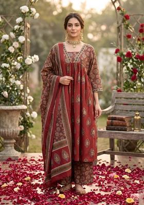 Maroon Printed Cotton Kurta Set