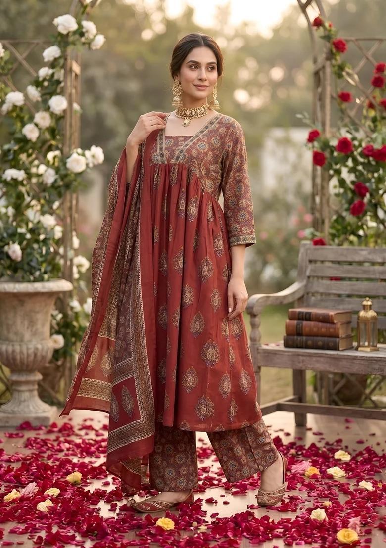 Maroon Printed Cotton Kurta Set - Indya