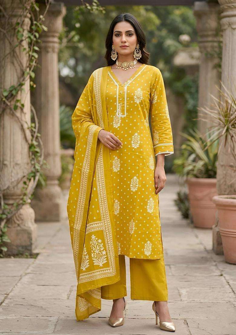 Yellow Printed Cotton Palazzo Set - Indya