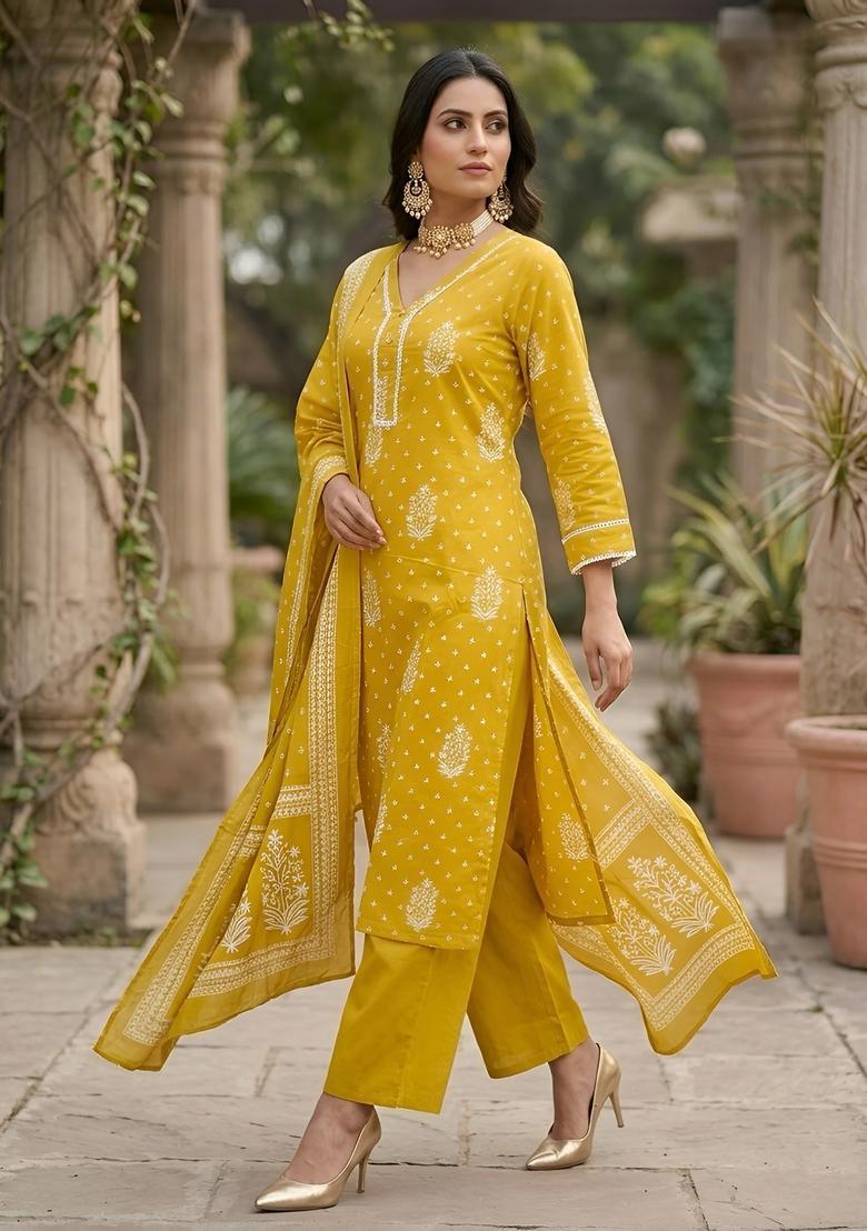 Yellow Printed Cotton Palazzo Set - Indya