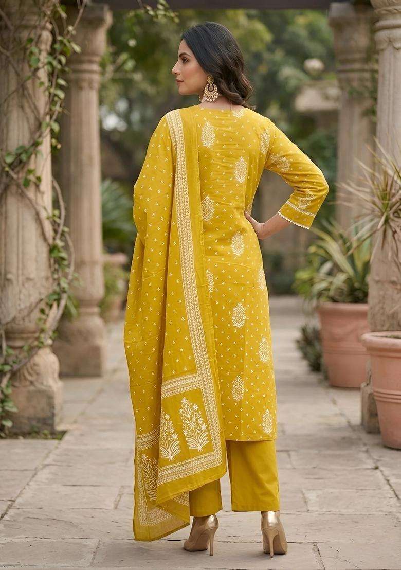 Yellow Printed Cotton Palazzo Set - Indya