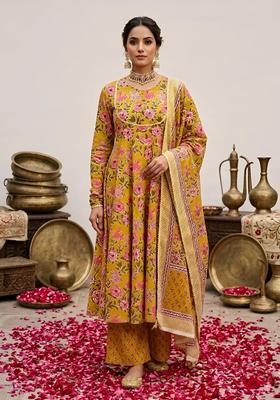 Yellow Floral Print Cotton Palazzo Set