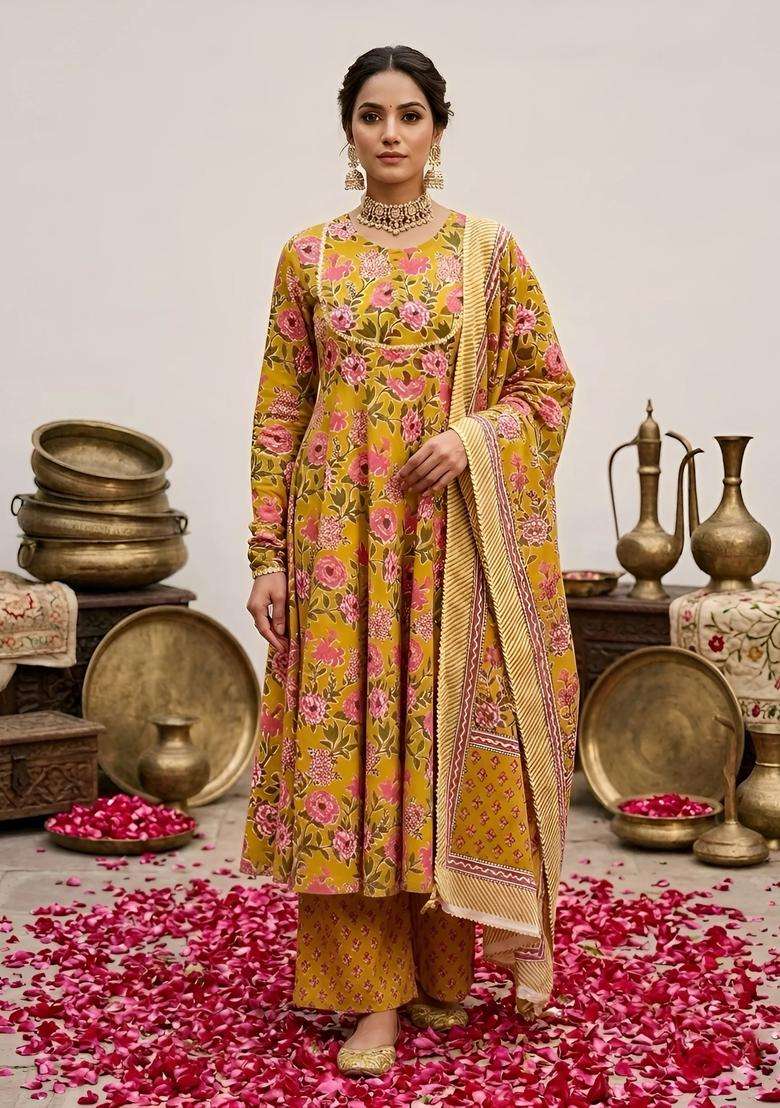 Yellow Floral Print Cotton Palazzo Set - Indya